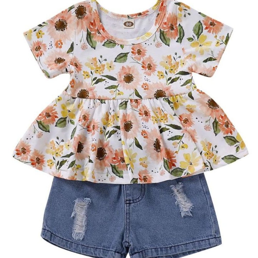 BABY TODDLER GIRL FLOWER TUNIC WITH DENIM SHORTS